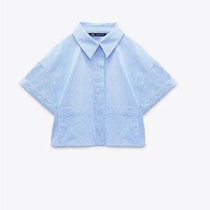 Zara Stripe Light Blue Crop Button Down Shirt